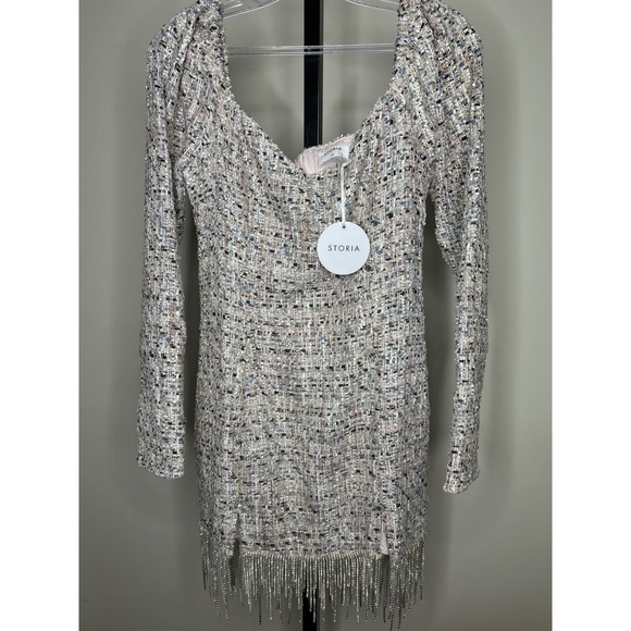 STORIA Tweed rhinestone‎ Fringe Dress- medium-Square Neck Long Sleeve Mini NWT - Picture 6 of 7